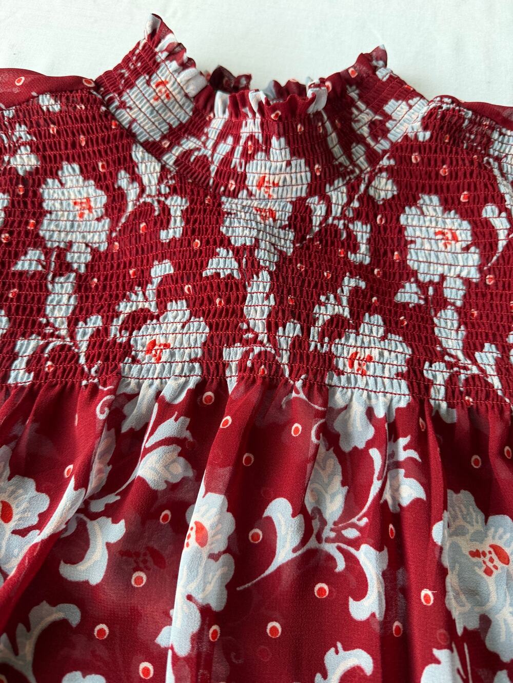 a.n.a Smocked High Neck Burgundy Floral Blouse M Whimsical Garden Fairy Boho